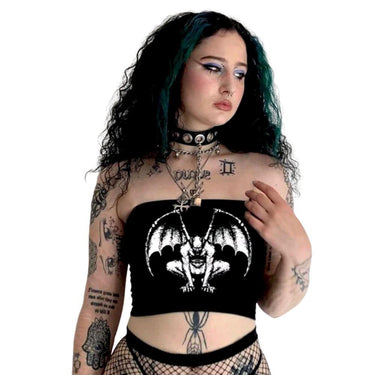 Gothic Gargoyle Skull Demon Print Strapless Women's Top Black Bandage Bodycon Crop Top Rock Punk Mall Goth Grotesques from NSE Imports #1.